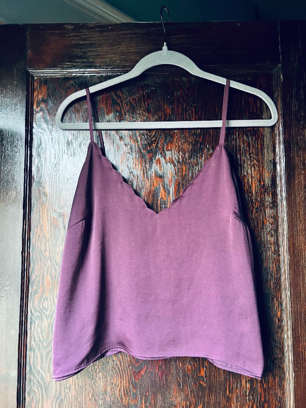 Deep Purple Loose Satin Boxy Cami Tank Top with Scallop V-Neck
